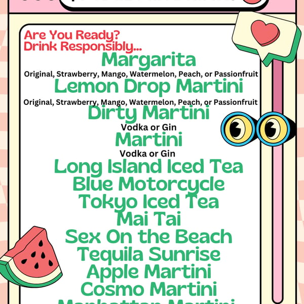 A colorful Linjee Thai drink menu with various cocktails, a watermelon slice, and decorative elements.