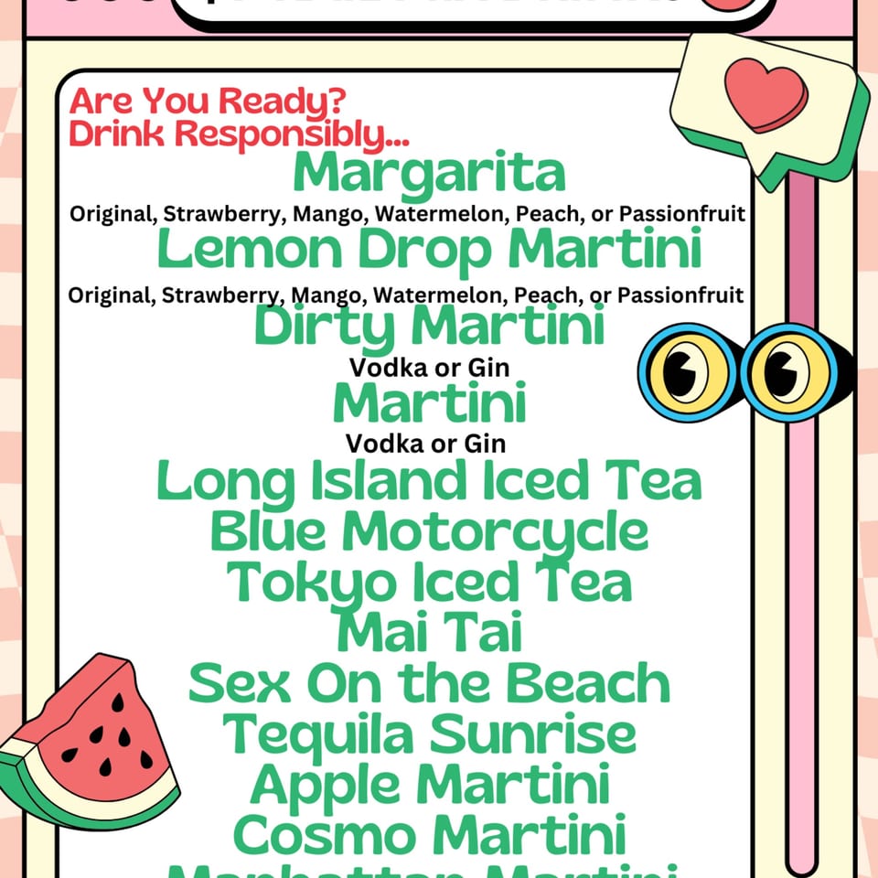 A colorful Linjee Thai drink menu with various cocktails, a watermelon slice, and decorative elements.