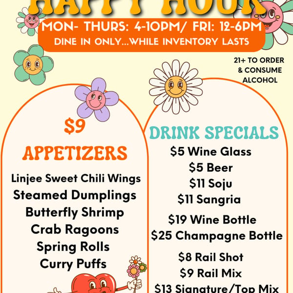 Linjee Thai's happy hour menu with appetizer and drink specials, featuring a retro floral design.