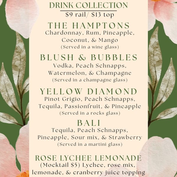 Linjee Thai's drink menu features cocktails like The Hamptons, Blush & Bubbles, Yellow Diamond, Bali, and Rose Lychee Lemonade.