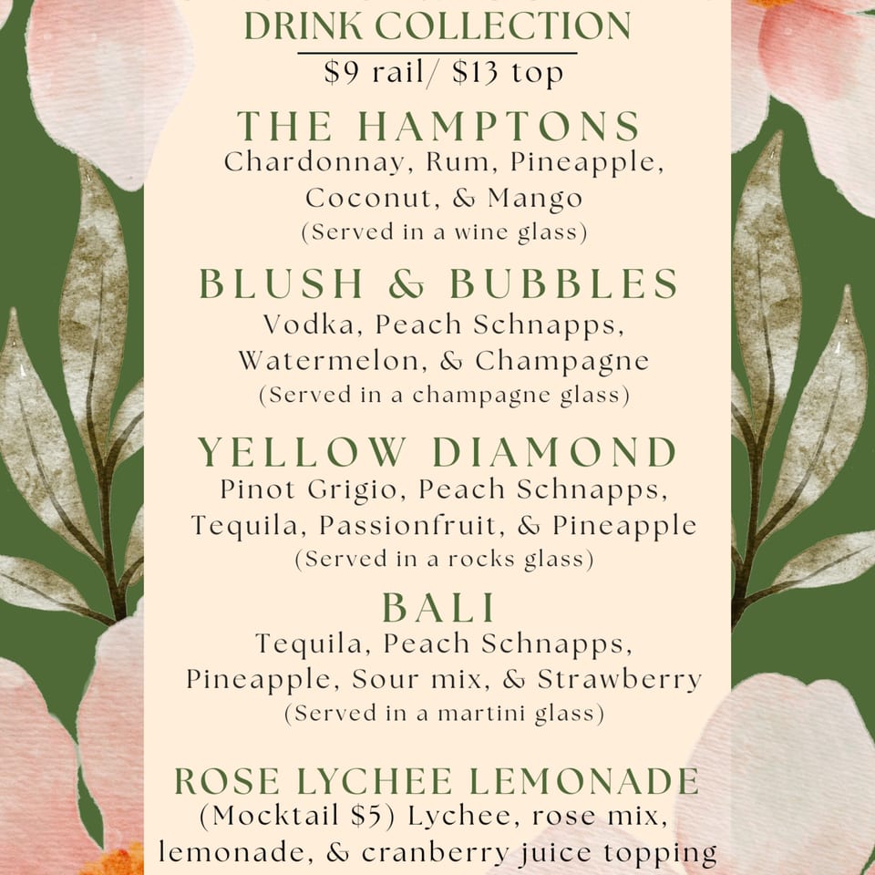 Linjee Thai's drink menu features cocktails like The Hamptons, Blush & Bubbles, Yellow Diamond, Bali, and Rose Lychee Lemonade.