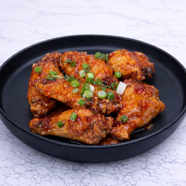Linjee Thai's glazed chicken wings, garnished with chopped green onions, served on a black plate.