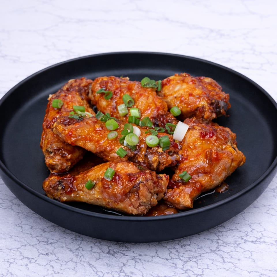 Linjee Thai's glazed chicken wings, garnished with chopped green onions, served on a black plate.