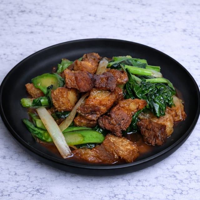 Crispy Porkbelly with Chinese Broccoli.